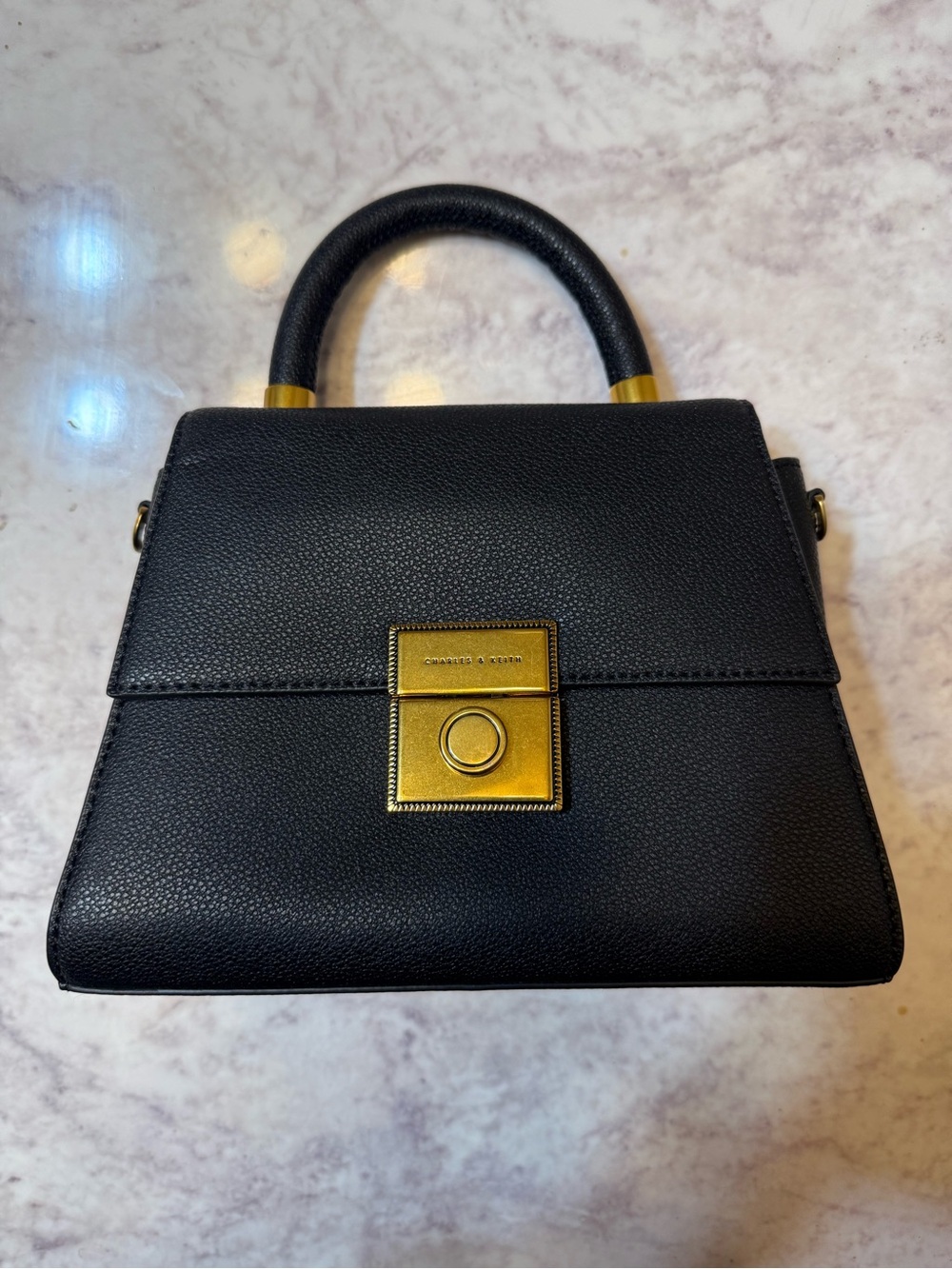 Charles & Keith Black Mini Top-Handle Bag with Gold Accent